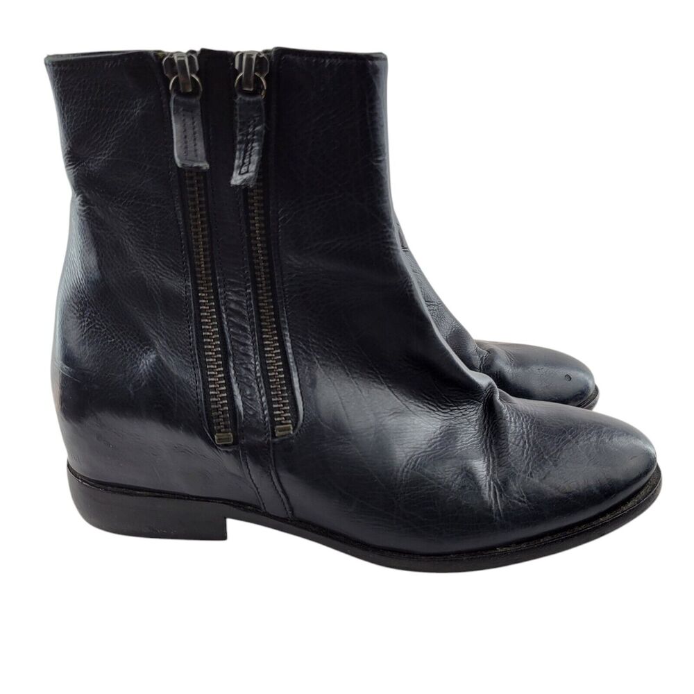 Homers Boots Womens 7 37 Navy Blue Leather Double Zippers Low Heel Quality Spain